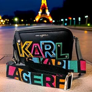 Karl Lagerfeld Paris NWT Black Small Monogram Camera Style Crossbody Bag  (P037)